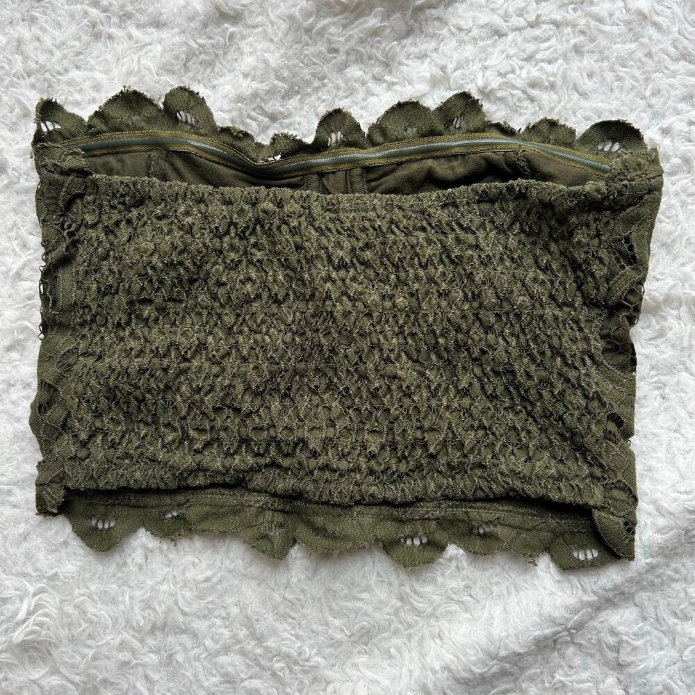 Free People FP One Olive Green Strapless Floral Lace Boho Crop Top Size Small - Picture 3 of 5